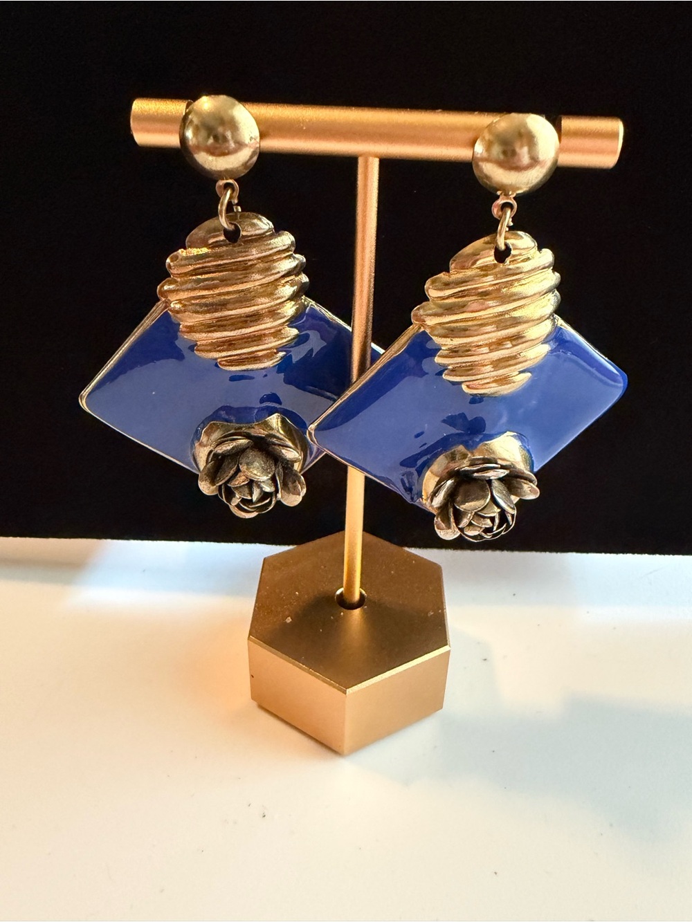 Vintage Blue Enamel Drop Earrings with Gold Accents